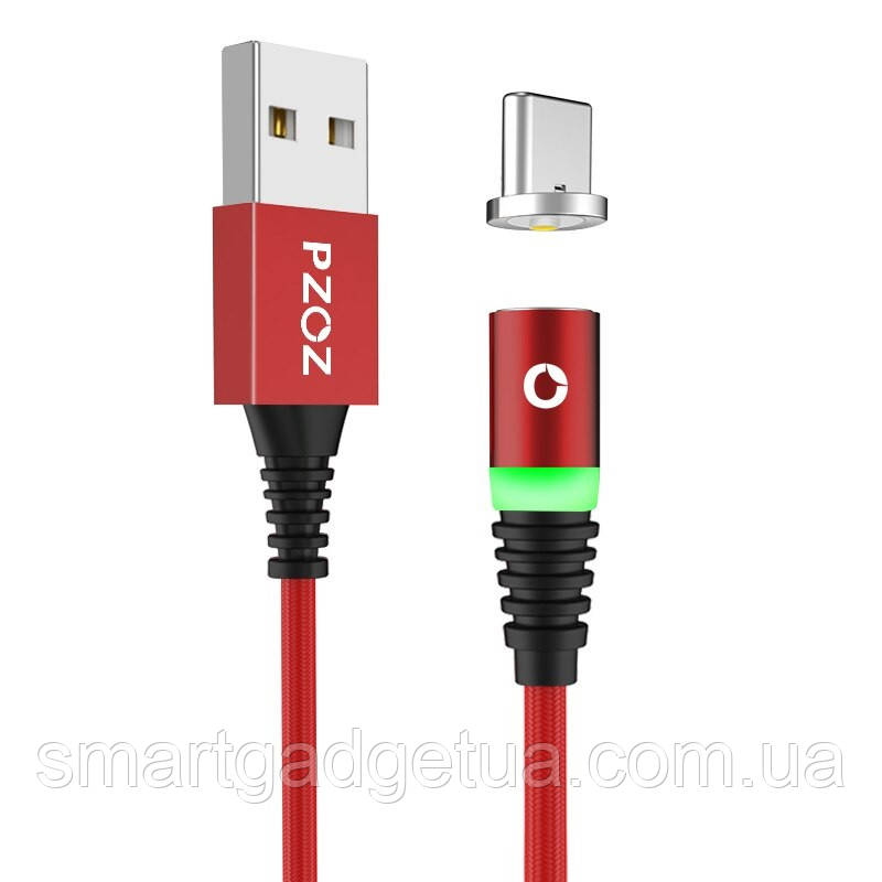 Магнітний кабель PZOZ 3A, 1 м, червоний у комплекті з одним конектором (Lightning, micro USB або USB Type-C), фото 1