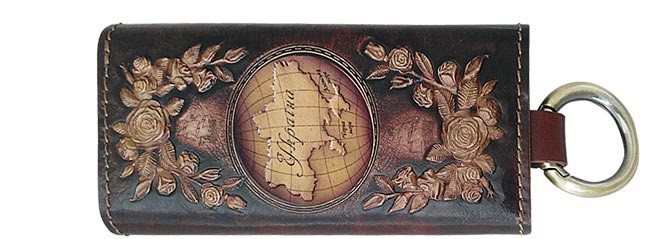 Шкіряна ключниця з карабінами закривається на кнопку "Приємне побачення". Колір бордовий, фото 1