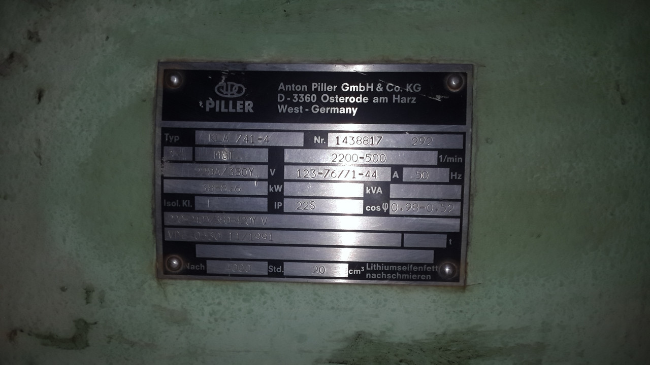 БУ электродвигатель PILLER KLA/41-4 38кВт переменной скорости 2200-500об/мин - фото 2 - id-p397291418