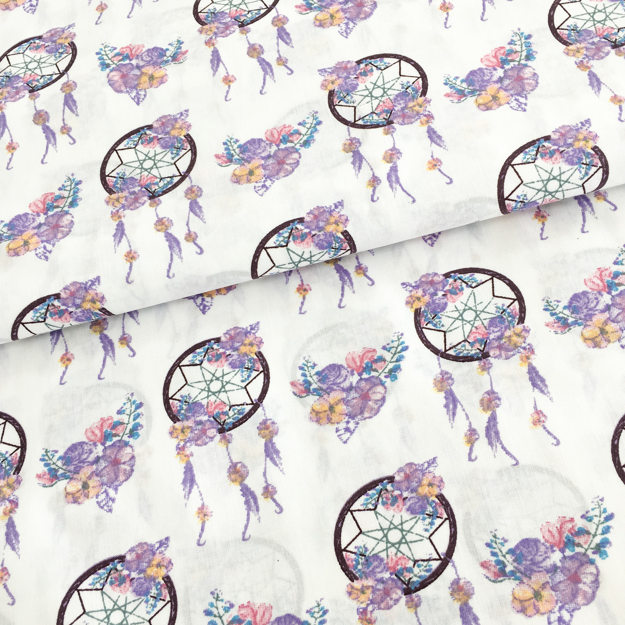 Польська бязь "Ловці снів бузкові на білому", фото 1