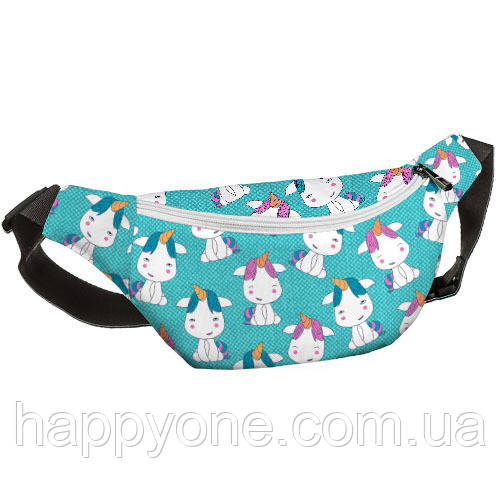 Сумка на пояс бананка BUMBAG Єдиноріжки на бірюзовому тлі
