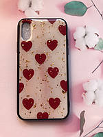Силиконовый чехол с блёстками для iPhone XS MAX Сердечка красные