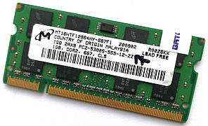 Оперативная память для ноутбука Micron SODIMM DDR2 1Gb 667MHz 5300S 2R8 CL5 (MT16HTF12864HY-667F1) Б/У