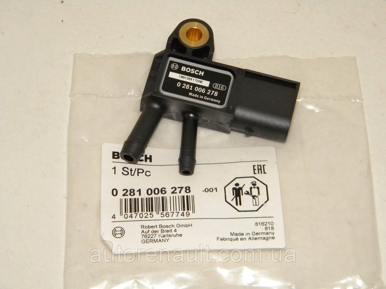 Датчик тиску вихлопних газів на Мерседес Спринтер 906 2.2 CDI/3.0 CDI 2006-> BOSCH (Німеччина) 0281006278, фото 1