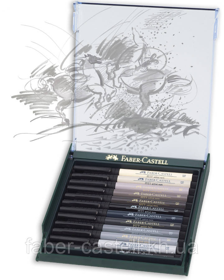 Набір капілярних ручок-пензликів Faber-Castell Pitt Artist Pen Brush Grey tones, 12 кольорів сірих відтінків, 267423