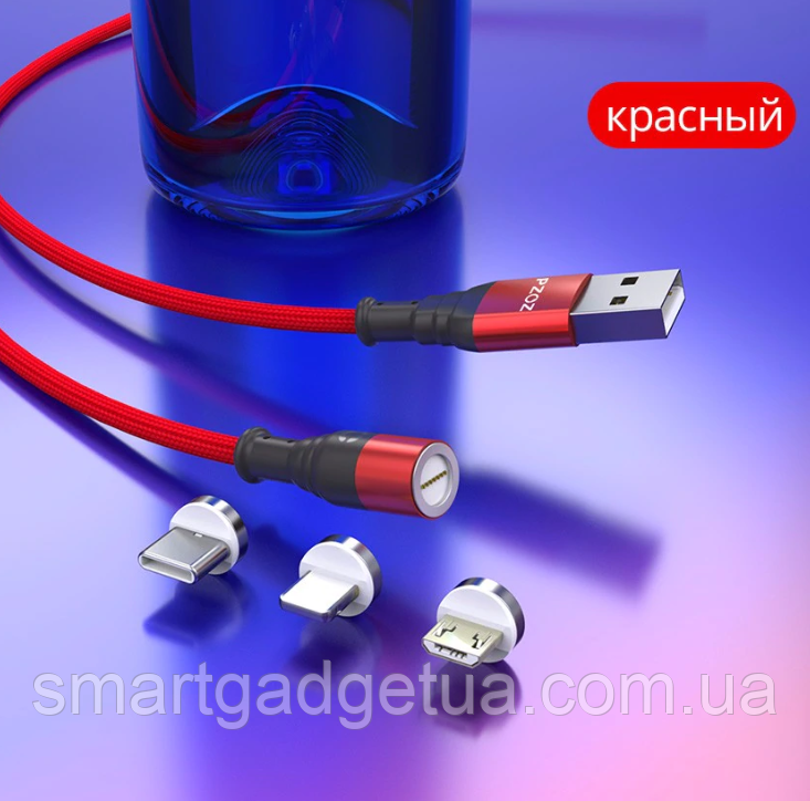 Магнітний кабель для заряджання PZOZ 5A, 1 м, червоний з одним конектором (Lightning, micro USB або USB Type-C)