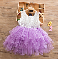 Платье сиреневое короткое летнее нарядное для девочки. Размеры 98-104 и 110-116.