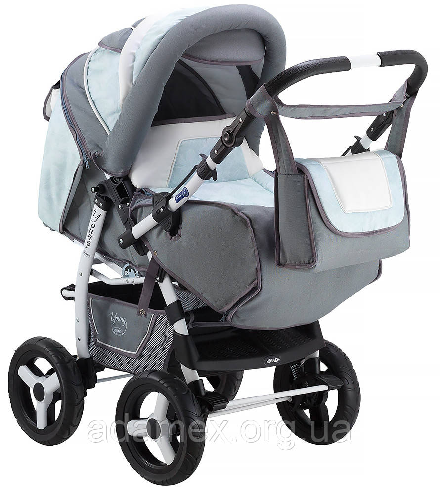Коляска Adamex YOUNG сірий-блакитний-біла шкіра