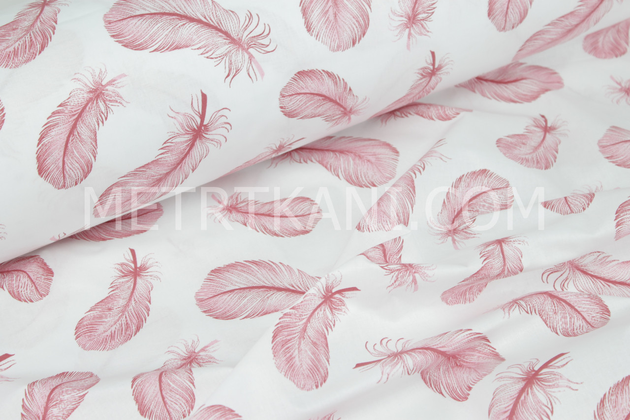 Бавовняна тканина "Пір'я" коралового кольору на білому тлі №1604