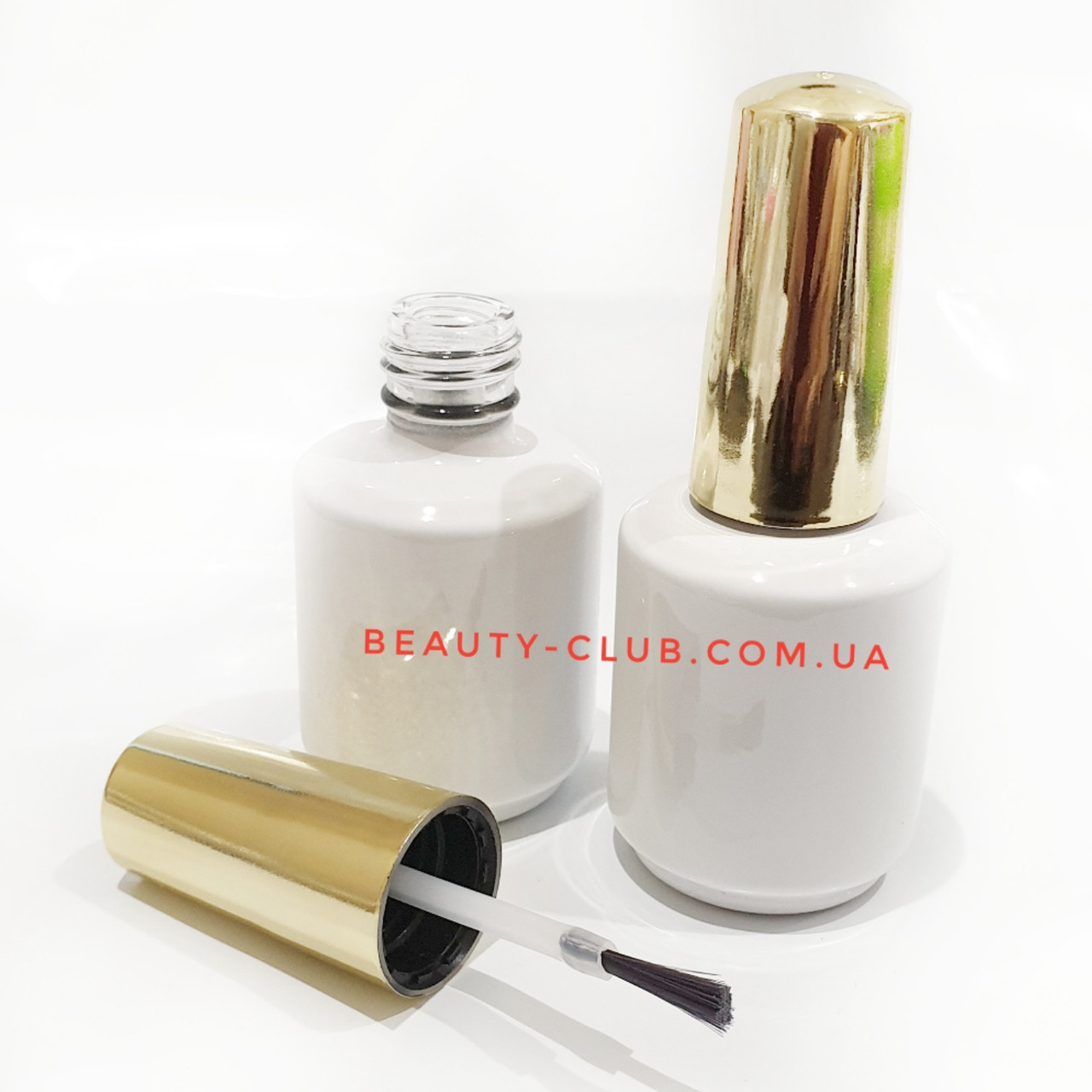 Пляшечка біла з пензлем, золота кришечка 15 мл, фото 1