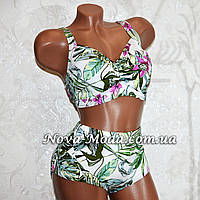 62 розмір. Білий батальний роздільний купальник, з пальмовим листям, для повних дам, м'яка чашка