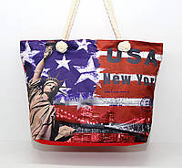 Женская тканевая пляжная сумка с канатными ручками и ярким рисунком символики США