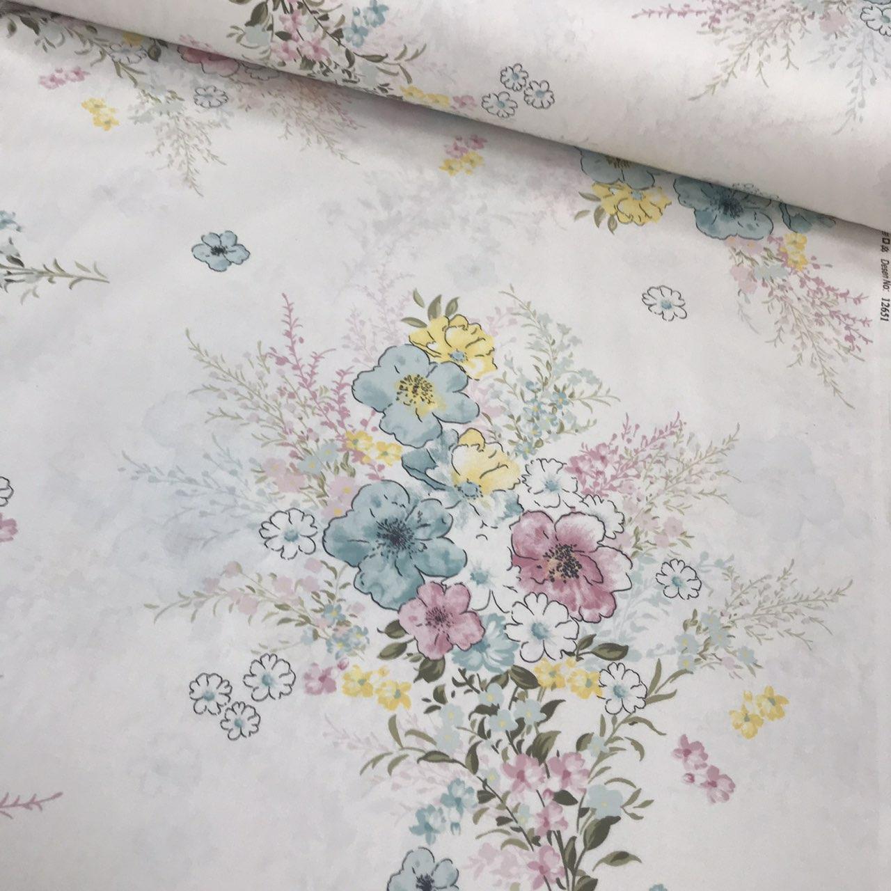 Бавовняна тканина (ТУРЦІЯ шир. 2,4 м) квіти бірюзові на молочному (R-F-0470), фото 1