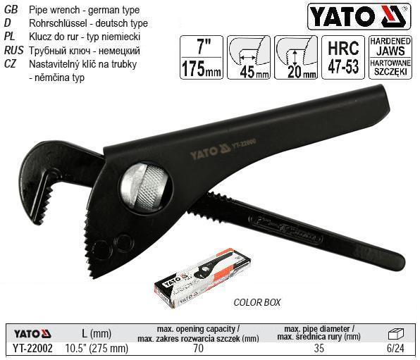 Ключ до труб розвідний 70 мм L=275 мм (10,5") YATO YT-22002