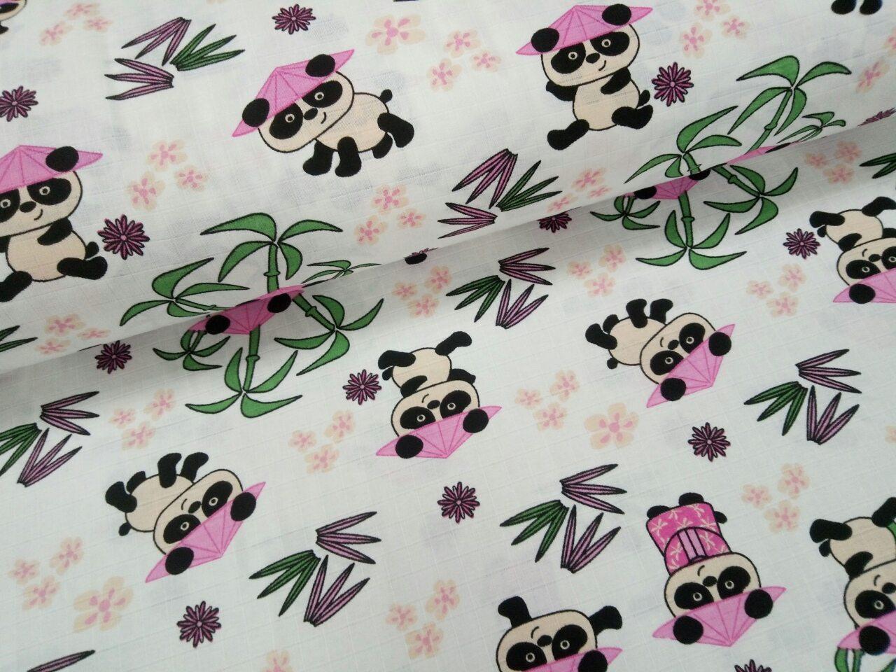 Ткань муслин для пеленок (ТУРЦИЯ шир. 1.8 м) Панды в розовых шляпках на белом