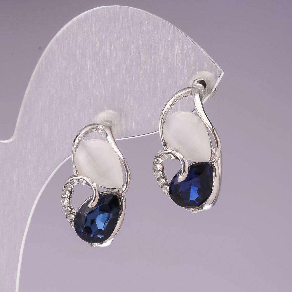 Сережки "Витончені" метал під срібло \ синій страз \ "котяче око" \ 23 * 12мм, фото 1