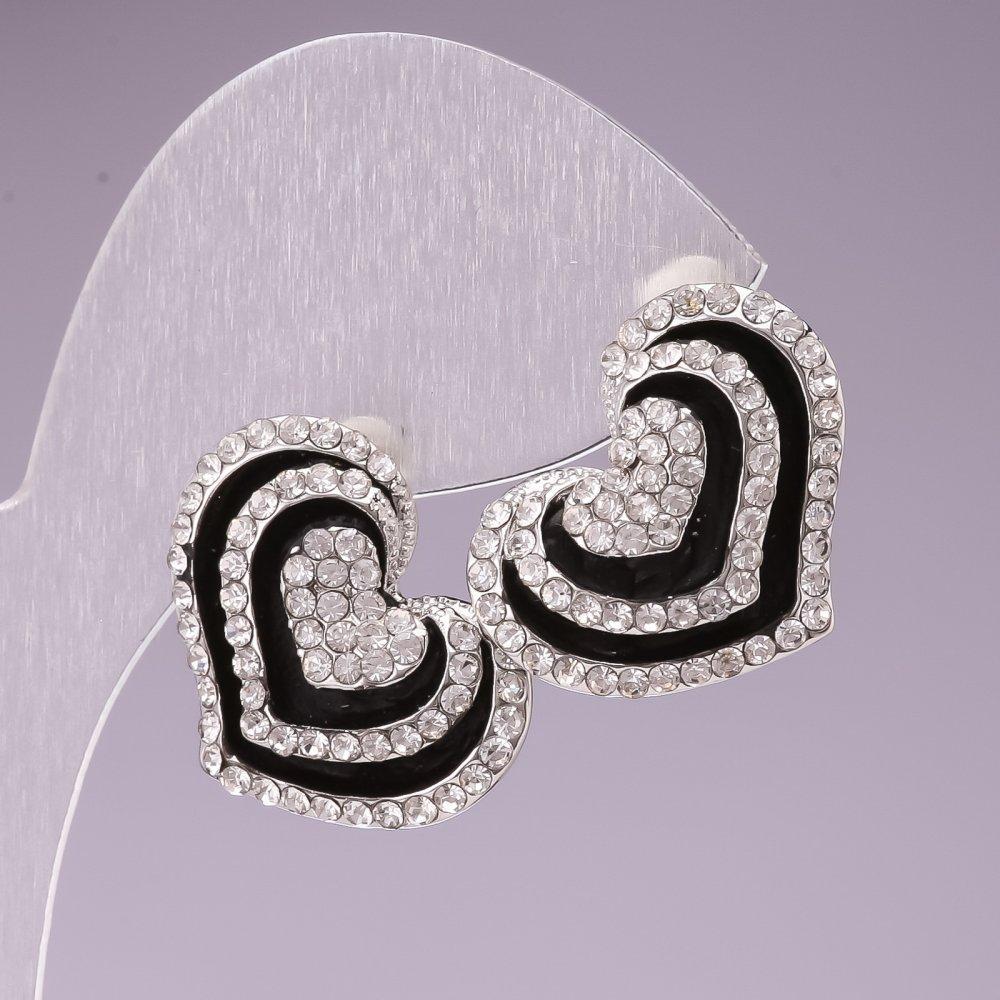 Сережки-пусети "Серце" вечірні \ чорна емаль \ білі стрази \ метал під "срібло" \ 25mm, фото 1
