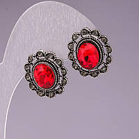 Сережки-пусети овальні, з червоними кристалами оправа стрази, 18 * 16мм