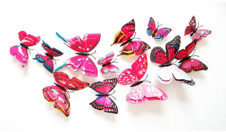 Об'ємні 3D метелики на стіну (шпалери) для декору подвійні рожеві кольорові, фото 2