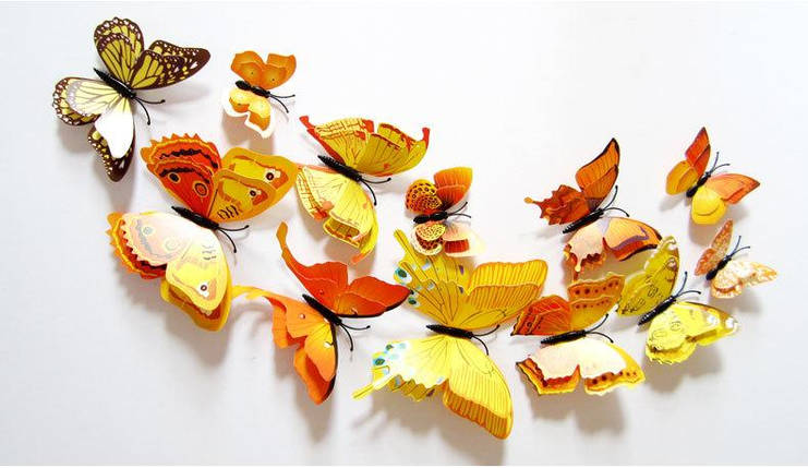 Объемные 3D бабочки на стену (обои) для декора двойные желтые цветные, фото 2