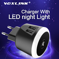 Мережевий зарядний пристрій Voxlink 2 USB порту LED нічник зарядний блок для телефону
