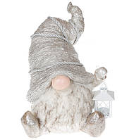 Новогодняя фигура из керамики Гном с фонариком 40 см, цвет: шампань
