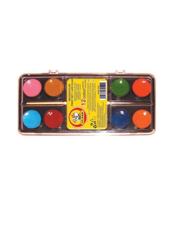 Фарби акварельні 12 кольорів.x 3.5 мл., з китицею пластикова коробка із завісою 7051, CLASS
