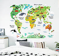 3D интерьерные виниловые наклейки на стены Карта Мира Звери 90-60 см в детскую № 1 . Декор, Обои