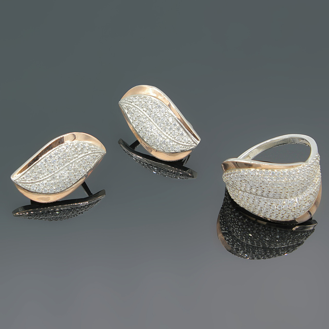 Срібна каблучка та сережки з золотими вставками Морська хвиля, фото 1