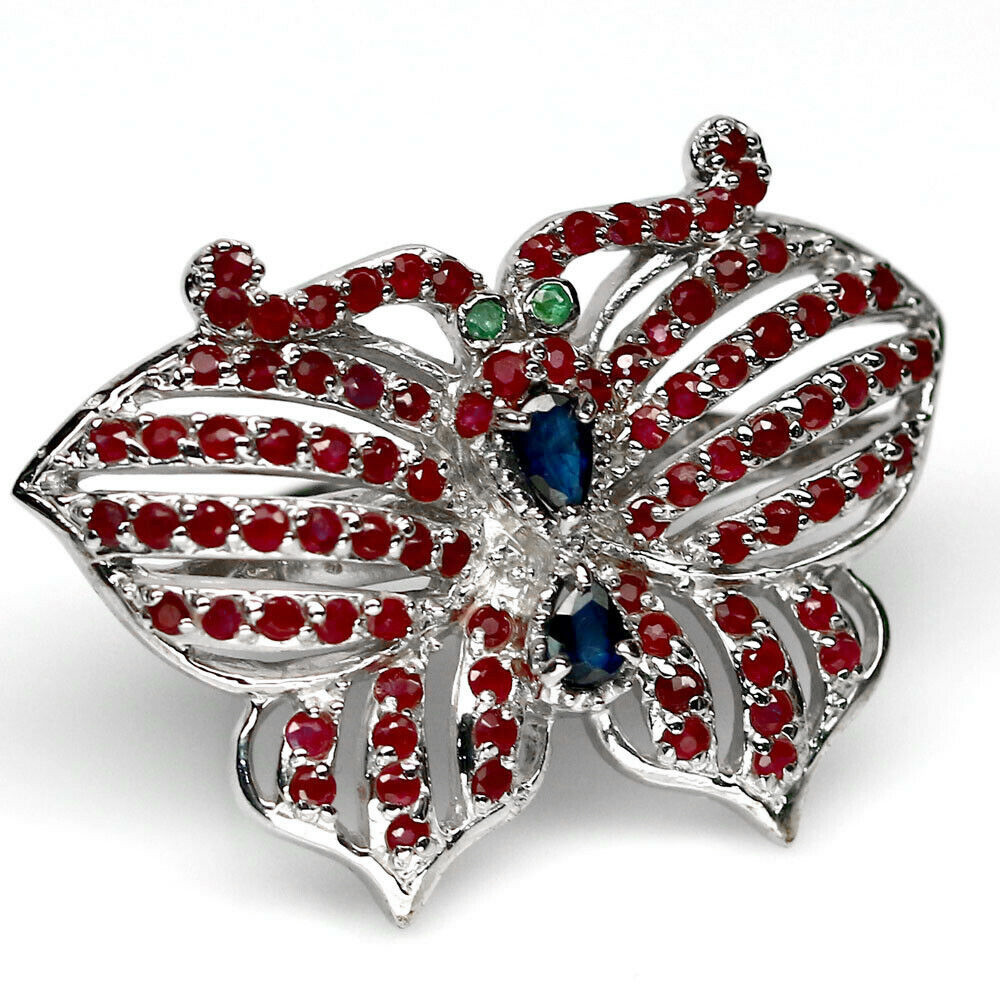 Срібне кільце зі смарагдом, рубіном і сапфіром, фігурка Метелик, 1137КЦР, фото 1