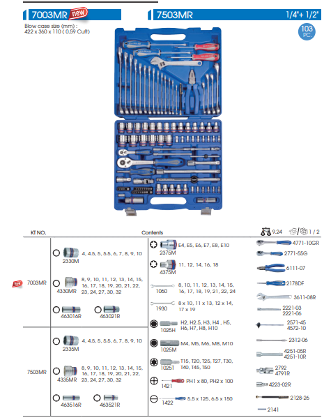 Набір інструментів універсальний 103 од. 1/4"+1/2" KING TONY 7503MR (Тайвань)