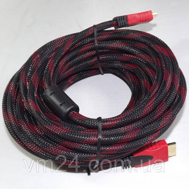 Кабель HDMI-HDMI 5,0m v1.4, OD-7.4mm, 2 фильтра, оплетка, круглый Black/RED (Пакет) Q80 - фото 1 - id-p1006972366