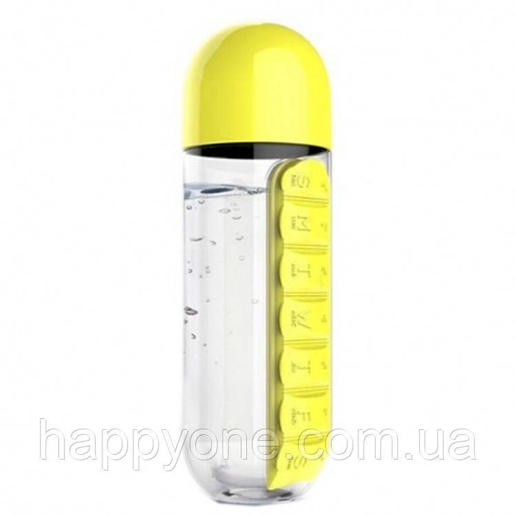 Пляшка для води з таблетницею Pill Vitamin Water Bottle Yellow, фото 1