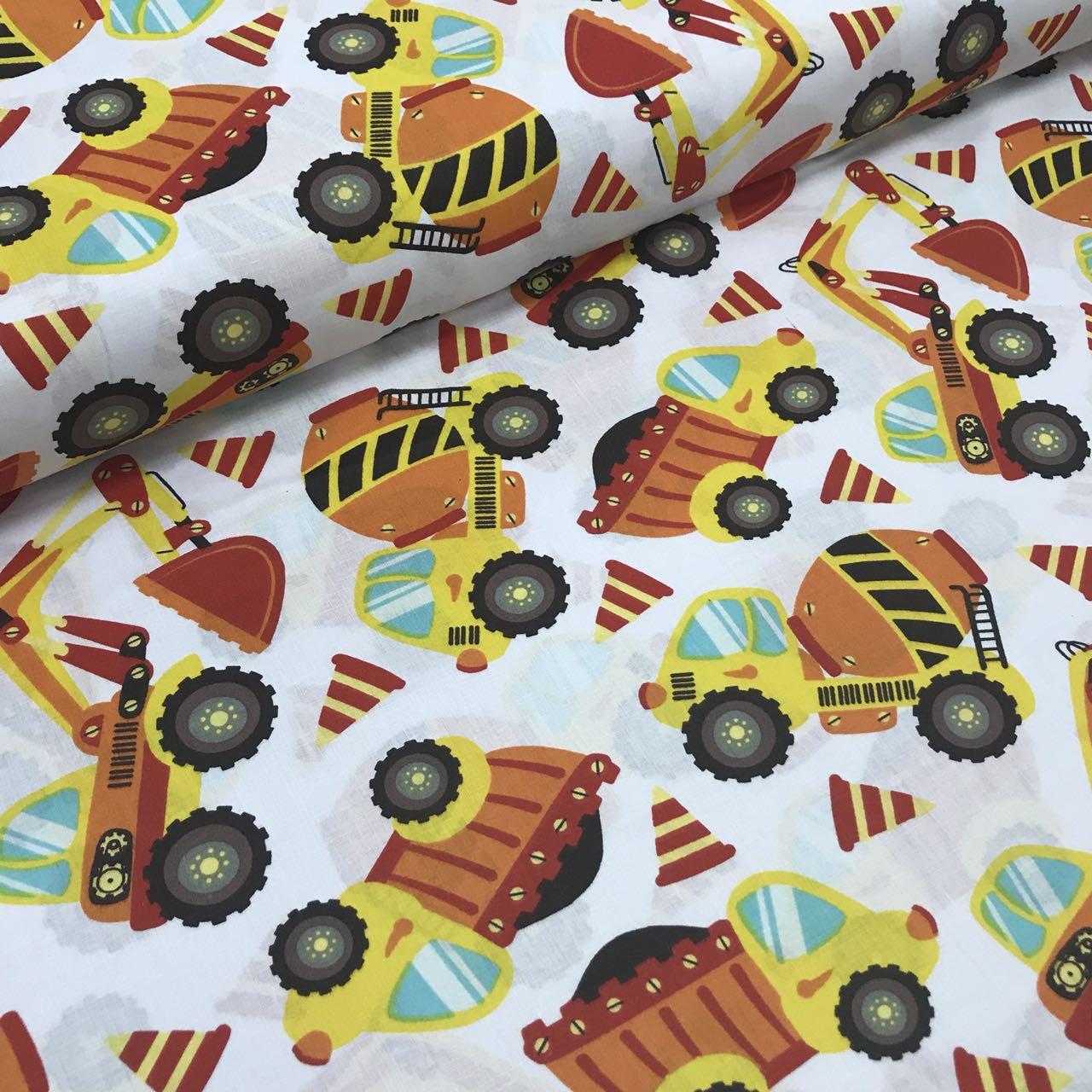 Бавовняна тканина польська будівельні машинки червоно-жовтогаряча на білому, фото 1