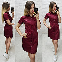 Платье- рубашка с поясом средней длины, арт 171, цвет вишневый