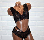 Чорний мереживний комплект жіночої білизни, труси-сліпи, розмір XL, фото 2