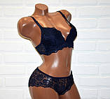 Синій мереживний комплект жіночої білизни, бюстгальтер 80B + труси сліпи розмір L, фото 2