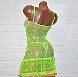 Відкрите комплект нічної жіночої білизни, салатовий секси пеньюар-сукня та труси стринги, розмір M, фото 2
