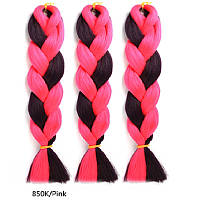 Двоколірна однотонна канекалонова коса чорний + насичений рожевий. Довжина в косі 60 см. #Термостійка.