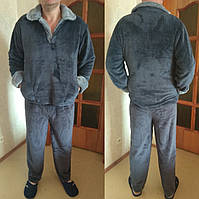 Теплая зимняя мужская махровая пижама, домашний теплый костюм, р-р Л (46-48) серая