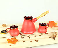 Турка Бразильская красная керамическая с деревянной ручкой в наборе с чашками 300 мл + рассекатель