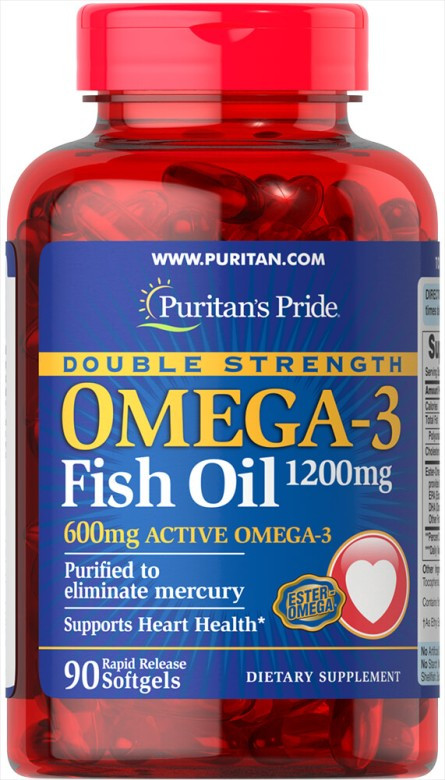 Puritan's Pride Omega-3 Fish Oil, Рыбий жир, Double Strength 1200mg (600 mg Active Omega-3) (90 капс.)