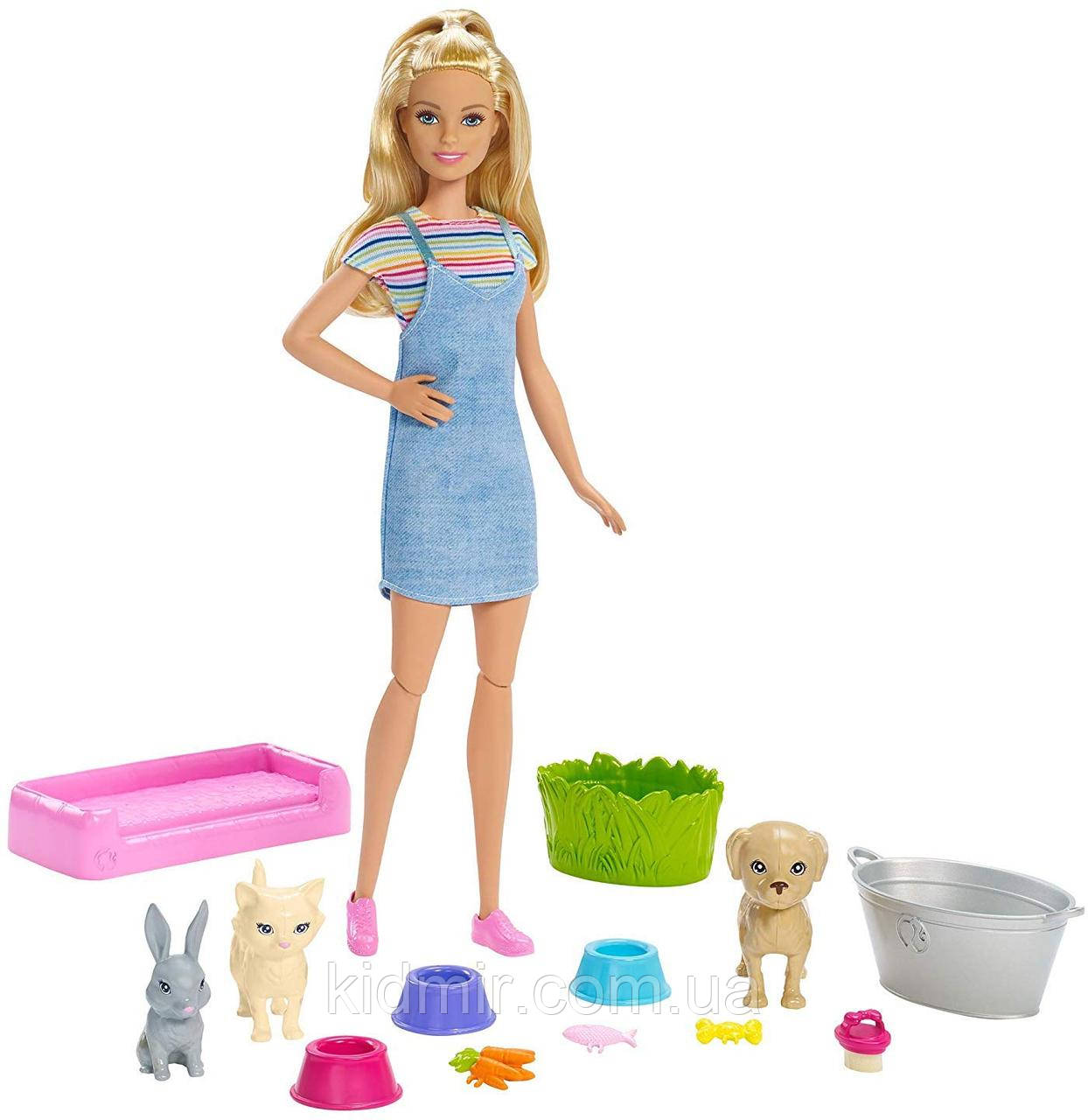 Лялька Барбі Купай і грай з цуценям, кошеням і кроликом Barbie Wash Pets FXH11