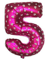 Цифра шар 5 фольгированная розовая с сердечками , 35 см.