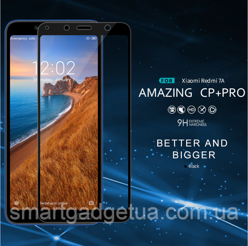 Захисне скло 9D, 9H Повної обклейки для Xiaomi Redmi 7A, Захоплення скло