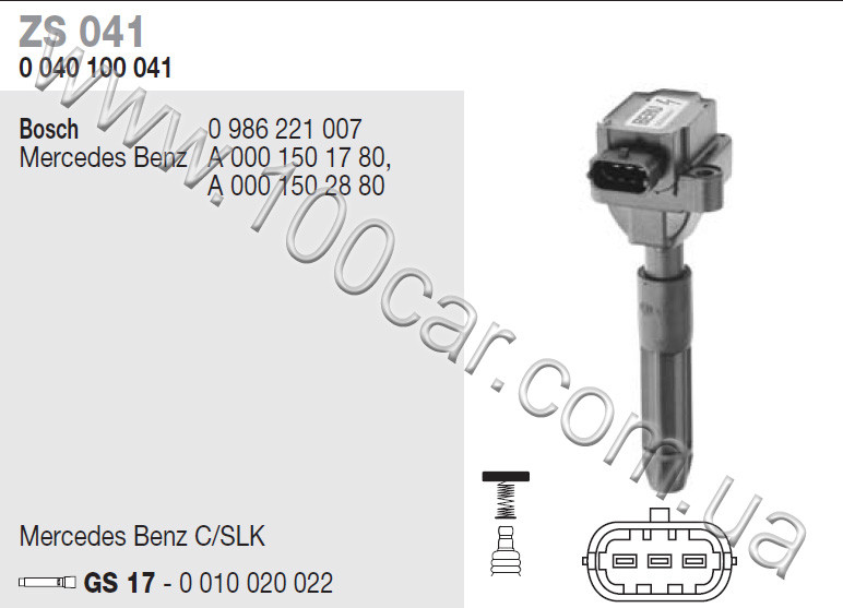 Котушка запалювання Beru ZS 041 (0040100041) для MERCEDES-BENZ C-CLASS (W203) C-CLASS Coupe (CL203), C-CLASS Estate (S202),