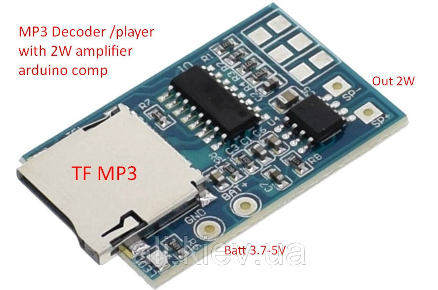 TF MP3 декодер з підсилювачем 1*2Вт  DC :Li-ion 3.7V, USB 5V Arduino compartible