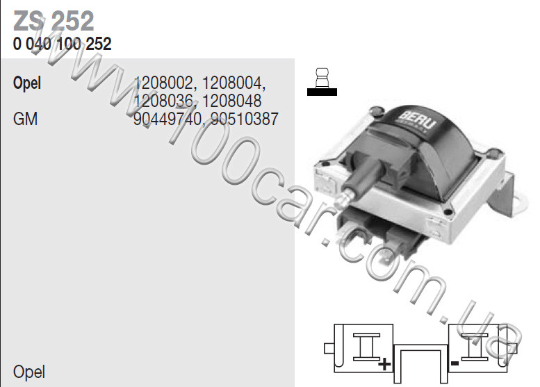 Котушка запалювання Beru ZS 252 (0040100252) для OPEL ASCONA B, ASCONA C, ASTRA F, CORSA A, KADETT D, KADETT E, MANTA B, VECTRA A,