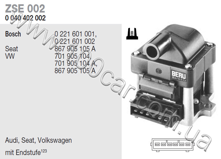 Котушка запалювання Beru ZSE 002 (0040402002) для SEAT CORDOBA, IBIZA II, TOLEDO I, VW PASSAT, POLO, TRANSPORTER IV, VENTO, EAN