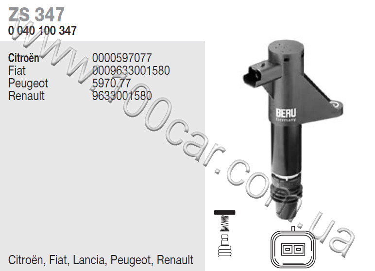 Котушка запалювання Beru ZS 347 (0040100347) для CITROEN C5 I, C5 II, C5 III, C6, C8, FIAT ULYSSE, LANCIA PHEDRA, PEUGEOT 406,